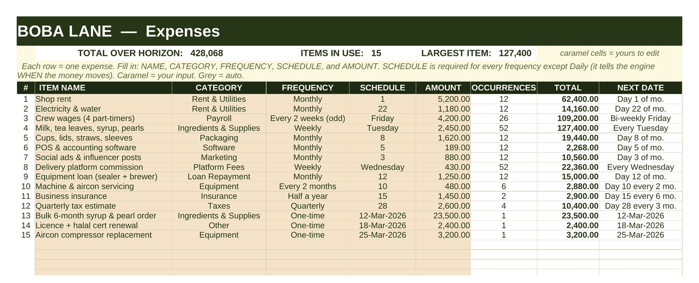 Outflows sheet listing costs with frequency and schedule